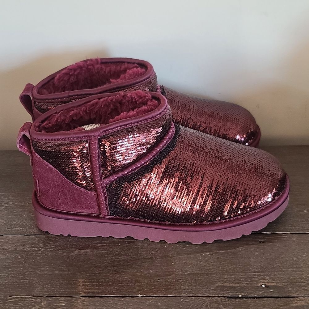 UGG Mirror Ball Ultra Mini Sequin Ankle Boots in Wild Grape 1151616 NEW Size 7